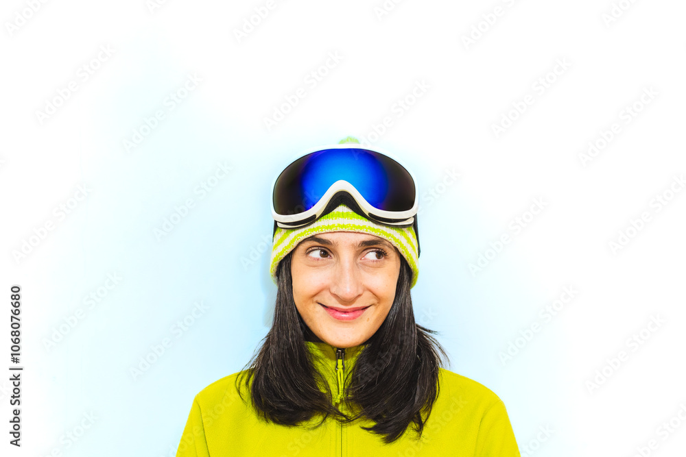Close up cropped shot photo of skier young woman wearing heat ski goggles mask look aside on area mockup travel rest spend weekend winter season in mountains isolated on plain pastel blue background Close up cropped shot photo of skier young woman wearing heat ski goggles mask look aside on area mockup travel rest spend weekend winter season in mountains isolated on plain pastel blue background