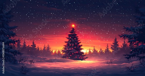 A snowy landscape with a Christmas tree and holiday lights symbolizes festive celebrations, perfect for Christmas-themed banners.