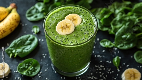 Green smoothie made with spinach, banana, and chia seeds in a glass on a black background.