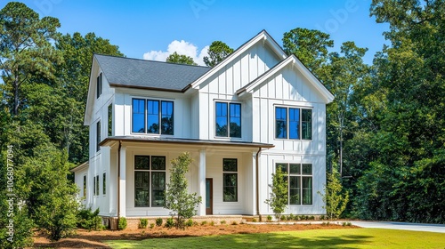 Lush greenery around a modern two-story home in Georgia with bronze trim.