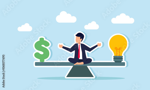 A businessman sitting in the middle of a seesaw with a dollar sign at each end and a lightbulb on the other, illustration of the price to pay for relevant business ideas and innovations