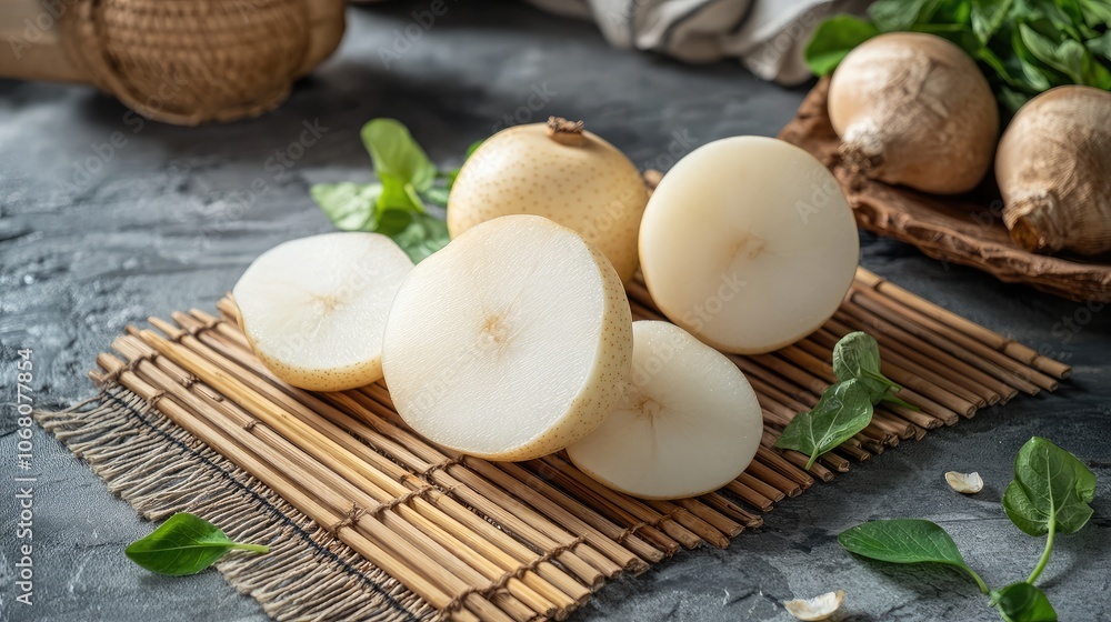 Fresh Cut Asian Pears on Bamboo Mat Display Fresh Cut Asian Pears on Bamboo Mat Display