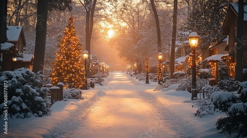 A snowy winter wonderland with holiday lights and a decorated tree symbolizes festive cheer, perfect for holiday-themed greeting cards.