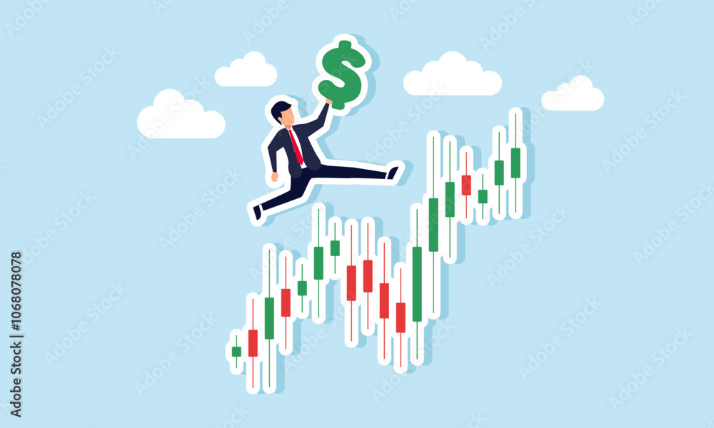 A businessman carrying a dollar sign jumping over a stock chart, illustration of progress in increasing dollar investment assets A businessman carrying a dollar sign jumping over a stock chart, illustration of progress in increasing dollar investment assets