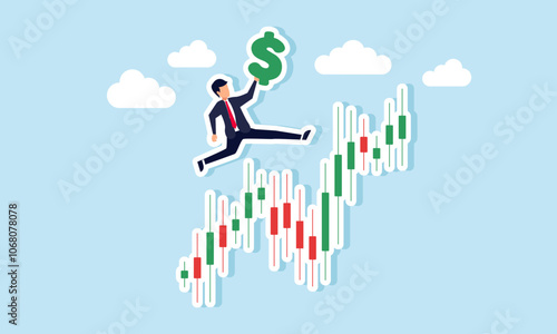 A businessman carrying a dollar sign jumping over a stock chart, illustration of progress in increasing dollar investment assets