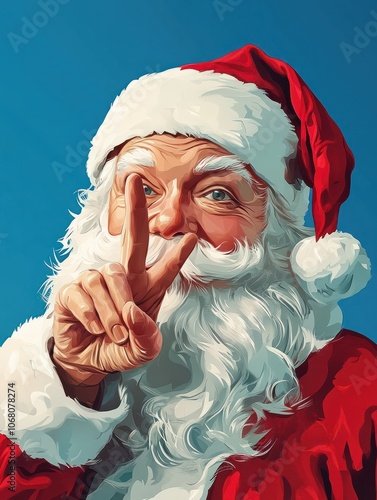 Santa claus making shh gesture on blue background with copy spaace photo