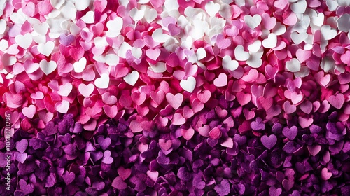 A close-up of a background of pink, purple and white hearts.