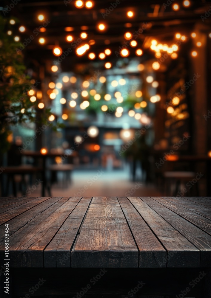 Wooden Table Blurred Lights.