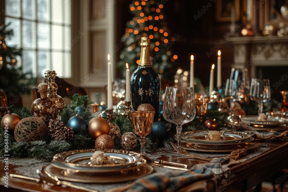 The beautifully arranged Christmas dinner table features sparkling glasses, glowing candles, and stunning decorations, creating a warm festive ambiance The beautifully arranged Christmas dinner table features sparkling glasses, glowing candles, and stunning decorations, creating a warm festive ambiance