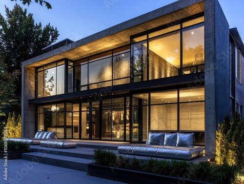 Modern house at night with silver cushions, concrete design, and large windows.