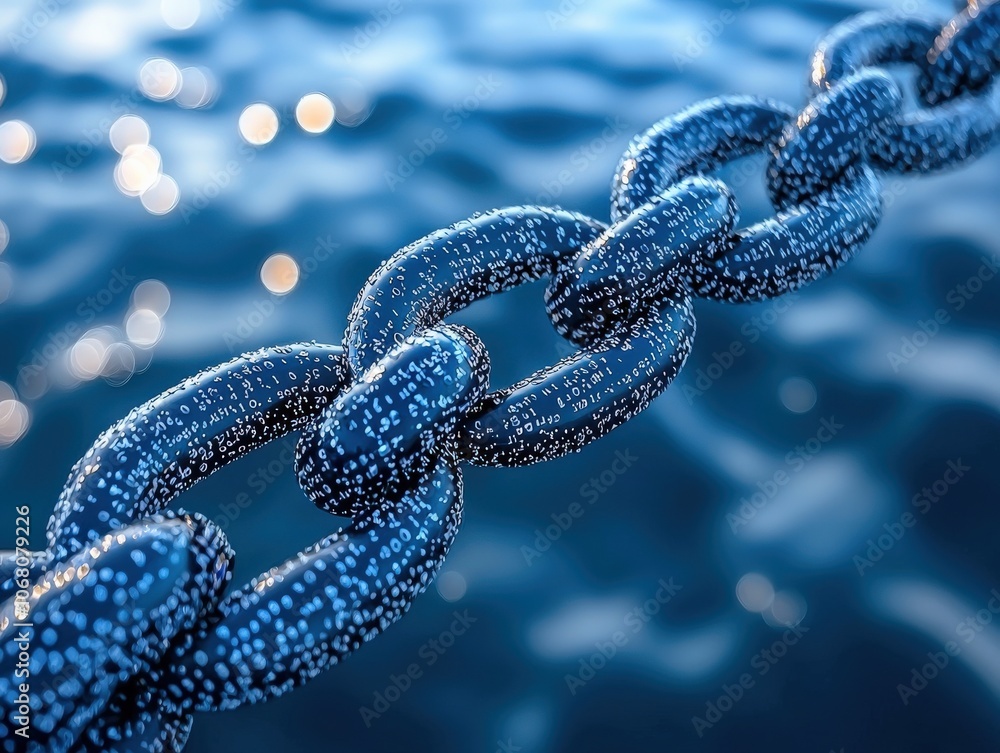 A close-up photo of a blue chain submerged in water, highlighting textures, reflections, and bokeh effects in the background. A close-up photo of a blue chain submerged in water, highlighting textures, reflections, and bokeh effects in the background.