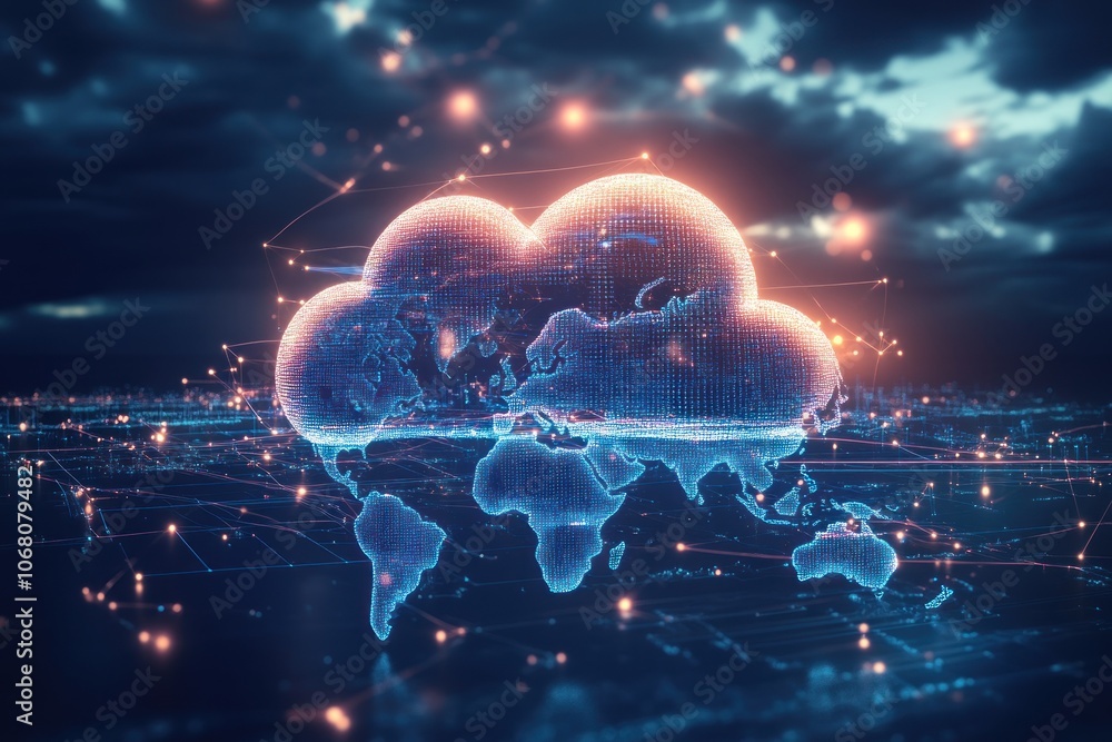 A 3D Cloud with a Glowing Earth Map Connected by Digital Lines A 3D Cloud with a Glowing Earth Map Connected by Digital Lines