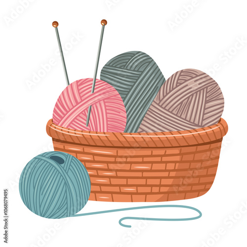 Illustration of a craft basket with skeins of yarn and knitting needles. Knitting tools. Handicraft, hobby, hand knitting. Coziness concept.