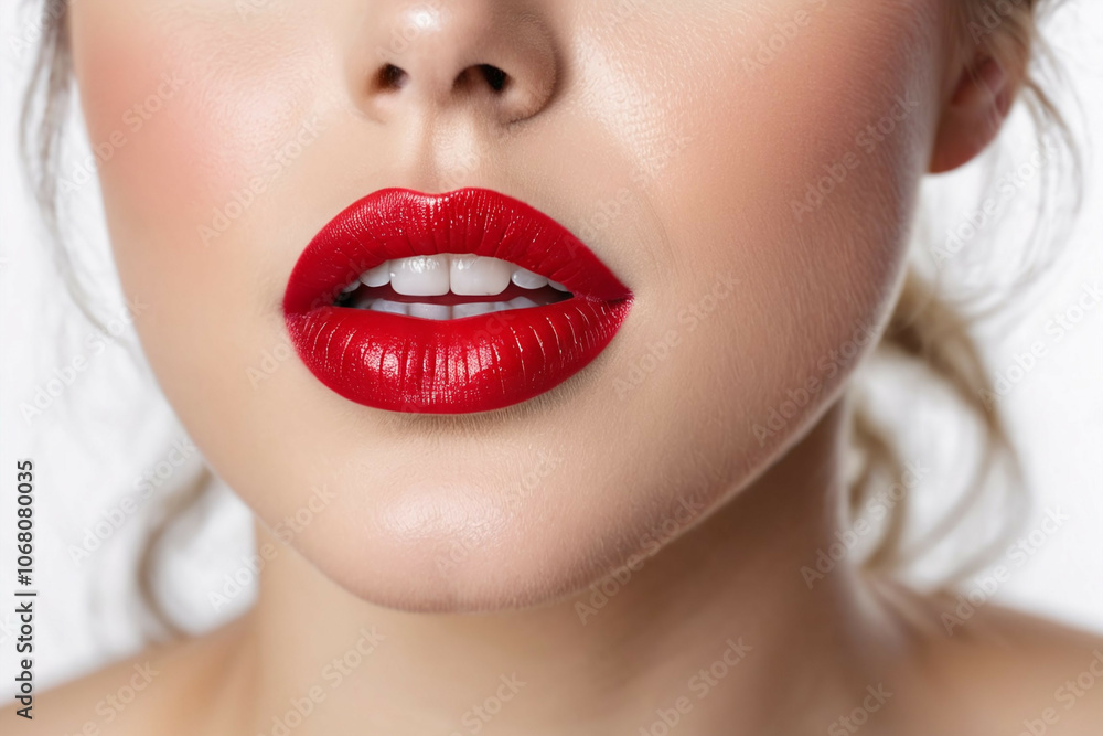 The portrait of focus on red lip, beautiful woman and her red lip, powerful cosmetics industry. The portrait of focus on red lip, beautiful woman and her red lip, powerful cosmetics industry.