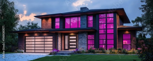 Evening view of a modern Toronto home with magenta window frames. photo