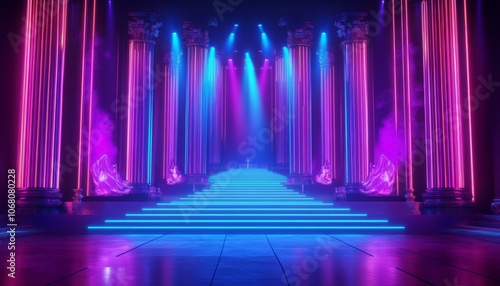 Futuristic Neon Stage. Modern Neon Light Stage with Reflective Floor. Cyberpunk Arena with Purple and Blue Neon Lights. Abstract 3D Neon Stage Background.