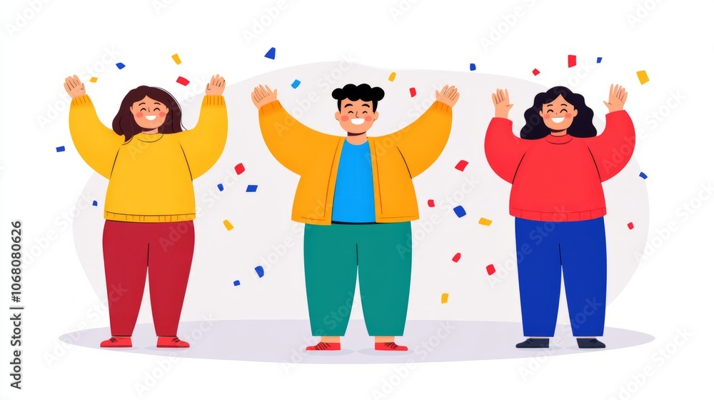 Fototapeta premium Three cheerful characters celebrating with raised arms and confetti.