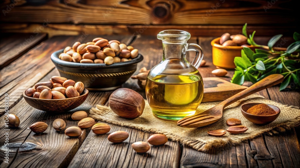 Argan Oil and Nuts on a Rustic Wooden Table - Natural Beauty Ingredients for Skincare and Cooking, Organic Argan Oil, Healthy Lifestyle, Nutrient-Rich Nuts, Culinary Uses, Essential Oils Argan Oil and Nuts on a Rustic Wooden Table - Natural Beauty Ingredients for Skincare and Cooking, Organic Argan Oil, Healthy Lifestyle, Nutrient-Rich Nuts, Culinary Uses, Essential Oils