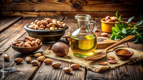 Argan Oil and Nuts on a Rustic Wooden Table - Natural Beauty Ingredients for Skincare and Cooking, Organic Argan Oil, Healthy Lifestyle, Nutrient-Rich Nuts, Culinary Uses, Essential Oils