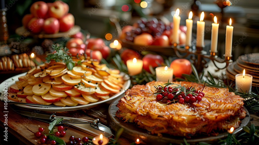 Festive Table with Latkes and Applesauce for Celebration Festive Table with Latkes and Applesauce for Celebration