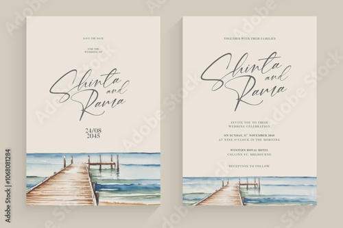minimalist wedding invitation template with a serene beach setting