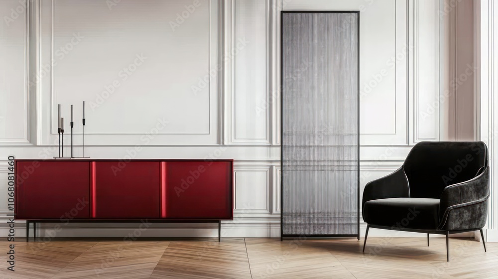 Contemporary entry hall with a red sideboard and black chair, perfect for interior photography. Contemporary entry hall with a red sideboard and black chair, perfect for interior photography.