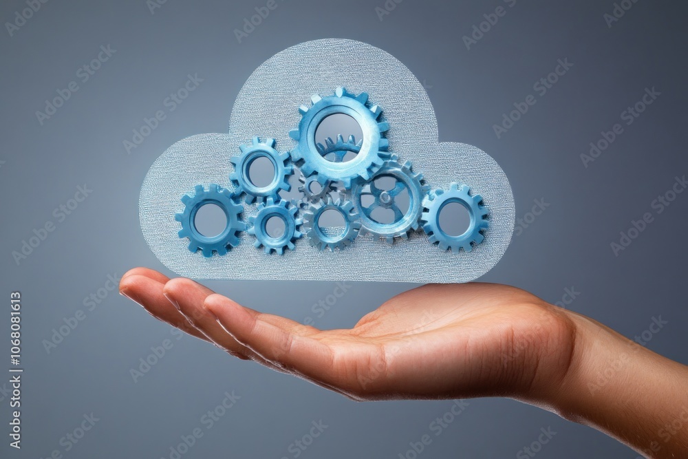 Hand Holding Cloud Shaped Gears Representing Cloud Computing