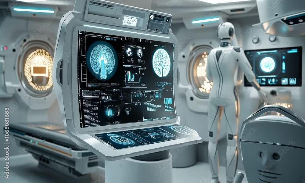 Futuristic Medical Examination Room with Brain Scans on a Monitor Futuristic Medical Examination Room with Brain Scans on a Monitor