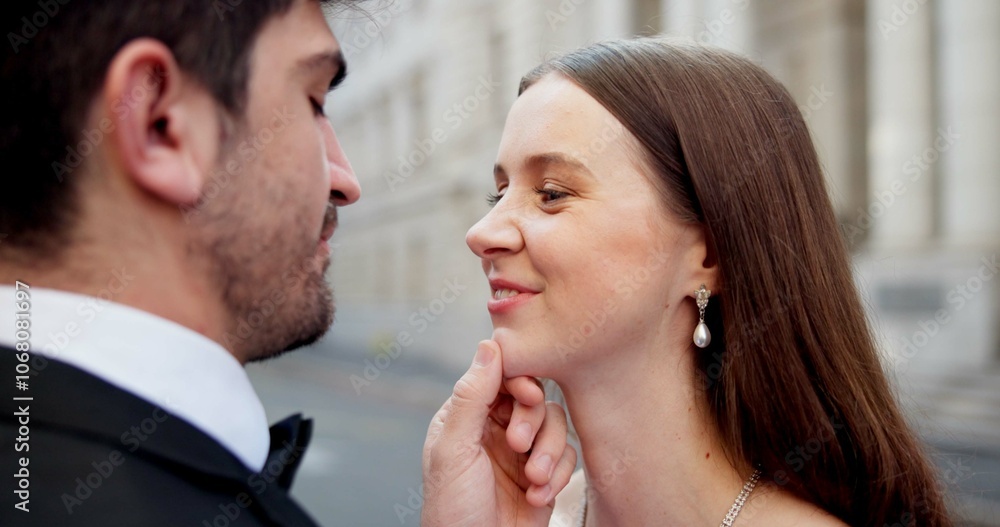 Naklejka premium City, touch and couple at wedding with love, embrace and bride with groom in street together. Urban romance, man and woman at court marriage event with commitment, smile and happy outdoor celebration