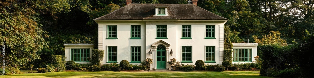 White Georgian House with Heather Trim and Jade Windows, Green Surroundings. White Georgian House with Heather Trim and Jade Windows, Green Surroundings.