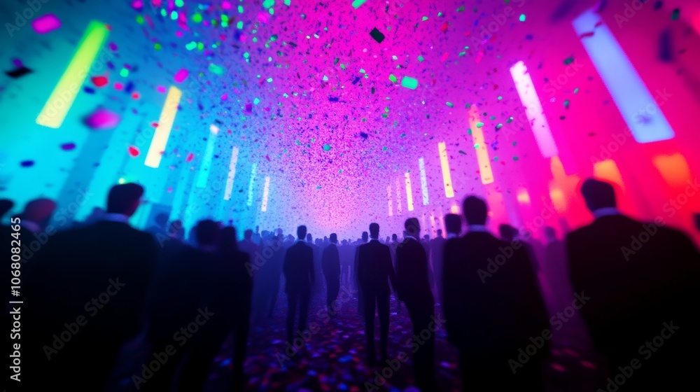 A vibrant party scene with colorful lights and confetti, filled with silhouettes. A vibrant party scene with colorful lights and confetti, filled with silhouettes.
