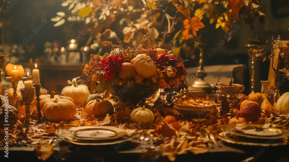 Naklejka premium Autumnal Table Setting with Pumpkins, Candles, and Dried Flowers