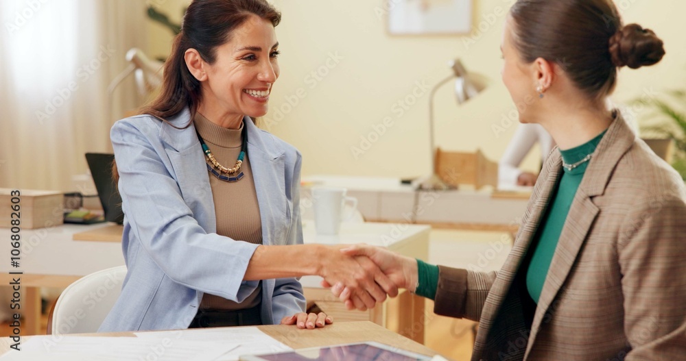 Fototapeta premium Business woman, handshake and contract meeting with management, deal and agreement in office. Happy, work success and mature professional with thank you, hiring or welcome with b2b partnership