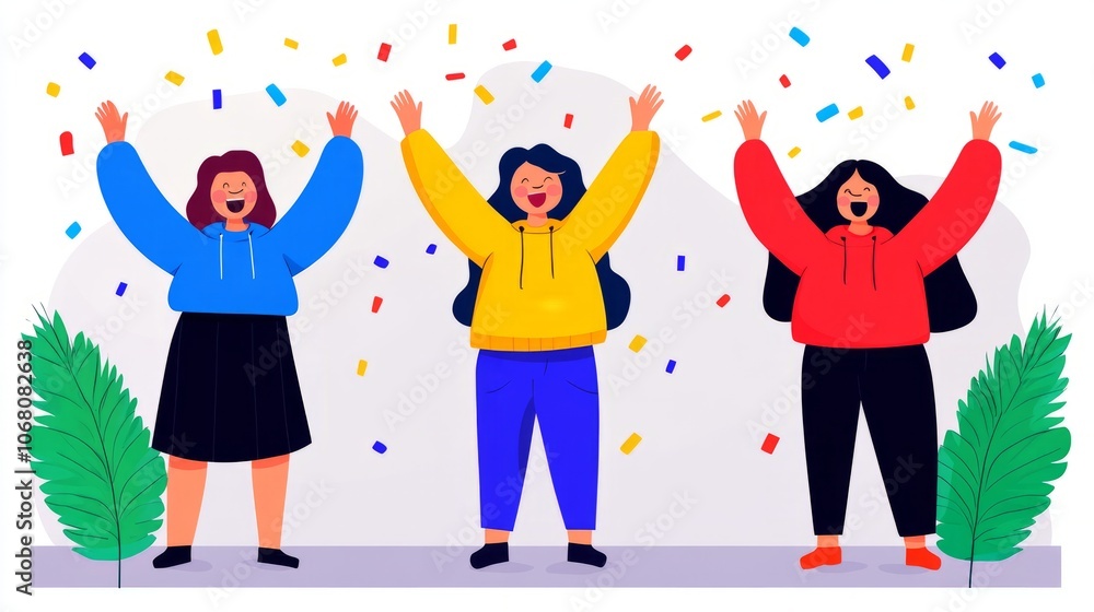 Three cheerful individuals celebrating with raised arms and confetti. Three cheerful individuals celebrating with raised arms and confetti.