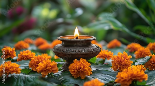 A traditional Indian oil lamp with bright orange flowers, serving as ethnic decor for religious festivals such as Diwali or Pongal. photo