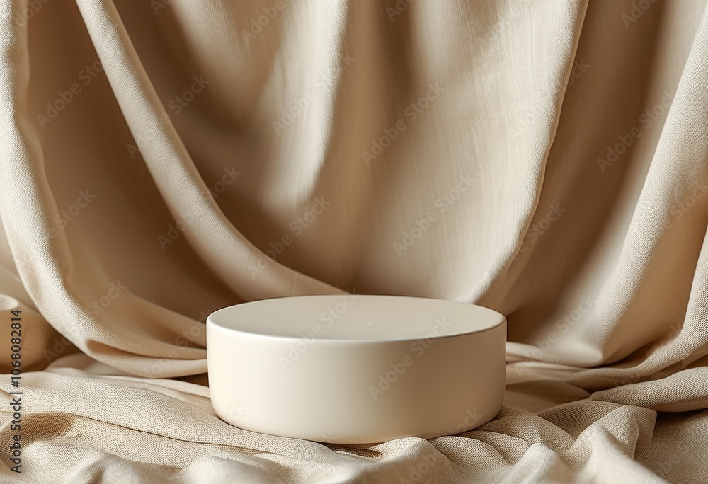 Empty creamy ceramic podium on beige cloth backdrop, perfect for product presentation. Created with generative AI technology Empty creamy ceramic podium on beige cloth backdrop, perfect for product presentation. Created with generative AI technology