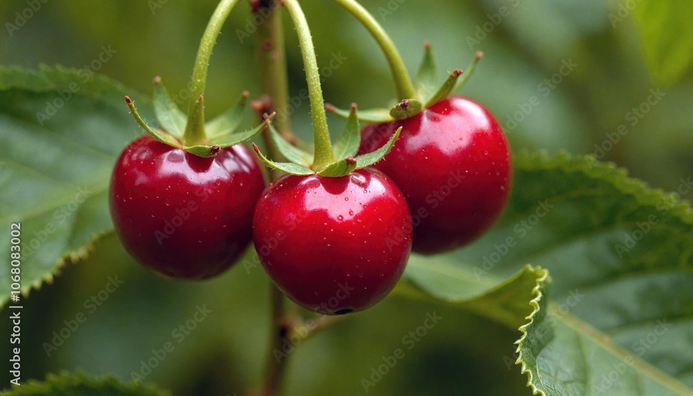 Glossy Cherry Red Berries on Green Vine Glossy Cherry Red Berries on Green Vine