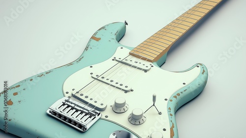 Fender American Maple Green Striped electric guitar with white body and blue neck on a white background photo