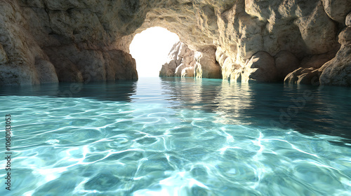 Underground lakes in a marble cave. Crystal clear water, spring, rocks, mountains, underground, water source, dungeon, subterranean, natural beauty. 3D rendering background 