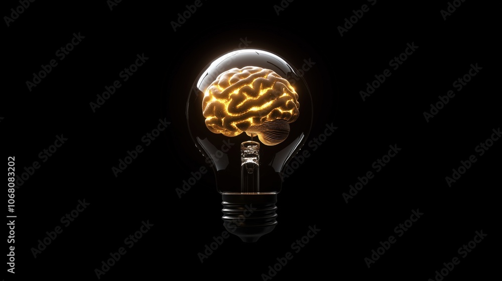 Light bulb with a glowing brain inside on a dark background Light bulb with a glowing brain inside on a dark background