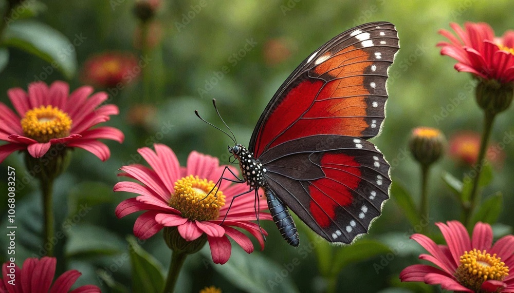 Butterfly with Cherry Red Lips Among Flowers Butterfly with Cherry Red Lips Among Flowers