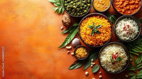 A traditional Onam food setup with sadhya rice on an orange background, perfect for banners, greeting cards, or posters celebrating Indian harvest festivals with copy space.