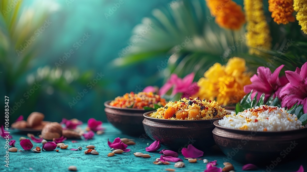 A traditional onam sadhya meal displayed on a teal blue background, reflecting the colorful essence of Indian harvest festivals and the cultural significance of the food offerings. A traditional onam sadhya meal displayed on a teal blue background, reflecting the colorful essence of Indian harvest festivals and the cultural significance of the food offerings.