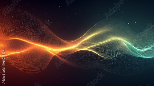 Abstract glowing wave with orange and blue colors on a dark background.