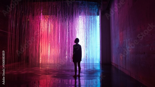 Experimental art project using unconventional materials like light, water, and sound to create an immersive environment photo