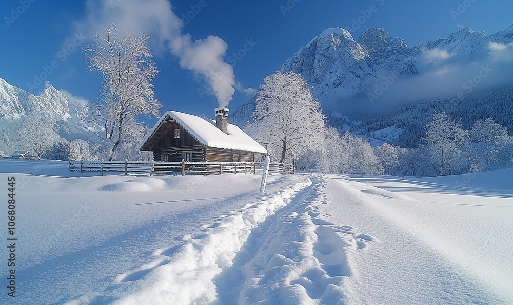 Naklejka premium A peaceful winter snow scenery with fresh snow covering the ground and trees, a comfortable cabin in the foreground, and footprints passing through the snow, with a distant mountain range in the backg