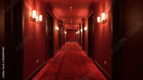 Elegant Red Hotel Corridor with Mood Lighting