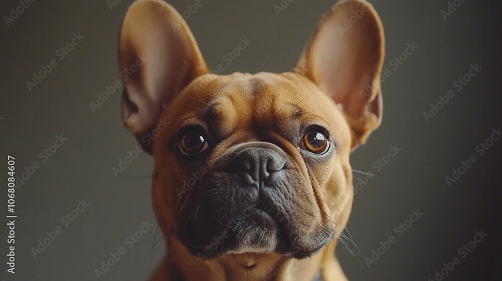 A close-up portrait of a brown French Bulldog looking directly at the camera with big, brown eyes. A close-up portrait of a brown French Bulldog looking directly at the camera with big, brown eyes.