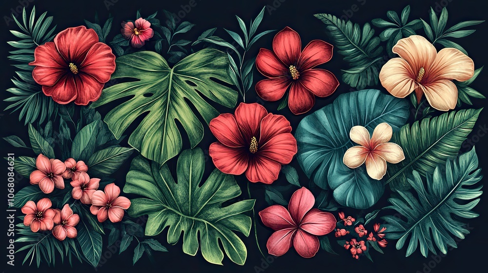 Fototapeta premium A tropical collection of exotic flowers and wild leaves, showcasing vibrant botany elements such as palm leaves and monstera in a stunning design.
