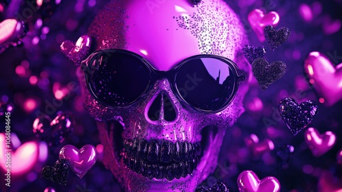 3d pink and purple skull wearing sunglasses with black glitter hearts background